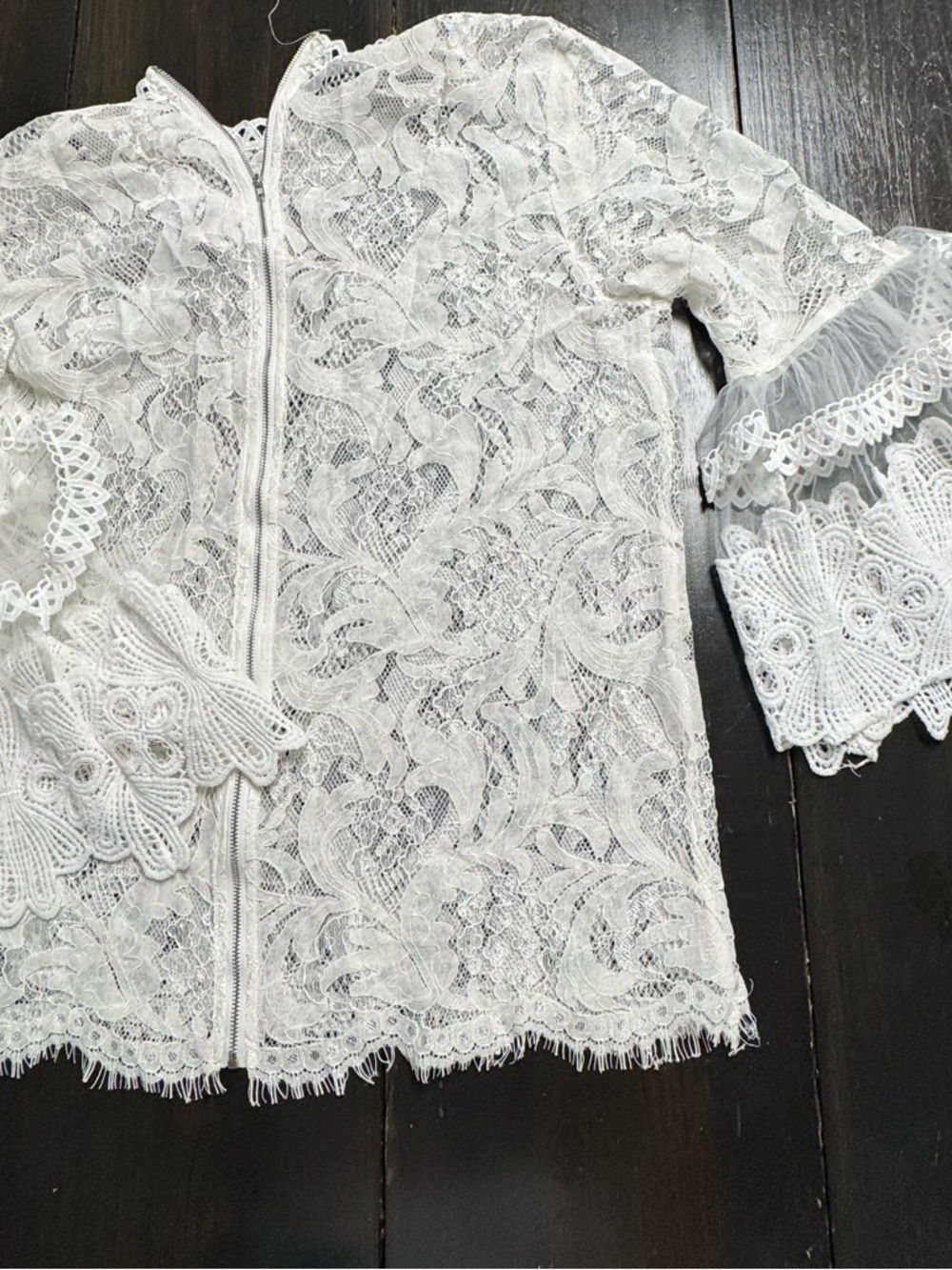 Women's White Lace Crochet Blouse with Tiered Bell Sleeves - Picture 10 of 11